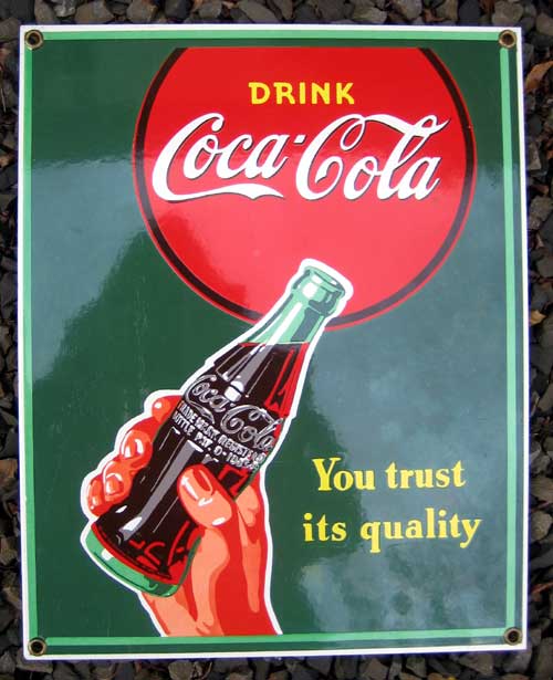 Flasche mit Hand Großes Coca-Cola Coke USA 40 cm Blechschild Blech Schild 